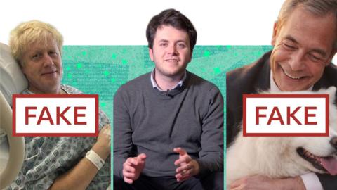 BBC journalist Ben Summers with fake images of Boris Johnson and Nigel Farage
