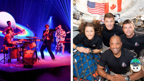 Composite image. Left: Glass Animals performs on The Tonight Show in front of a digital background showing Saturn with rainbow coloured rings as well as blue beams of light shining from the floor and ceiling. Right: The NASA Artemis II crew, Mission Specialist Christina Koch, Mission Specialist Jeremy Hansen, Commander Reid Wiseman, and Pilot Victor Glover, pose for a group photo inside the Orion spacecraft.