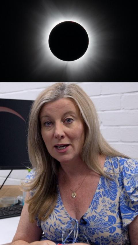 A split-screen image of Sara speaking, wearing a blue and cream top. Above her is a picture of a solar eclipse.