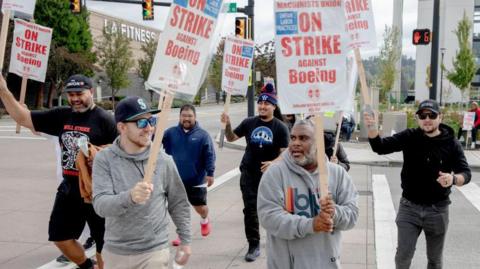 Striking Boeing workers and their supporters picket outside the Boeing Co. manufacturing facility in Renton, Washington on 16 September, 2024. 