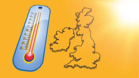 A thermometer next to an image of the British Isles and sunshine beaming over the map. 