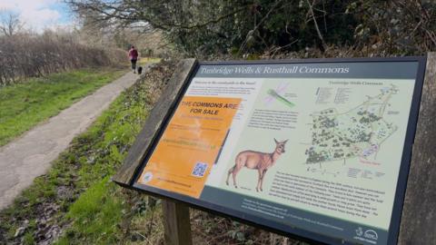 A sign for Tunbridge Wells and Rusthall Commons. The sign features a map of the site and outlines what wildlife can be found there. An orange poster stating that the Commons are for sale sits in the left-hand corner. A path with a walker and their dog can be seen to the left.