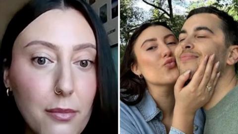 Left, a woman with black hair. Right, the same woman poses with her fiance.