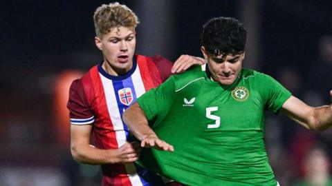 Sindre Walle Egeli, in action for Norway Under-21s, battles with Anselmo Garcia-MacNulty of the Republic of Ireland