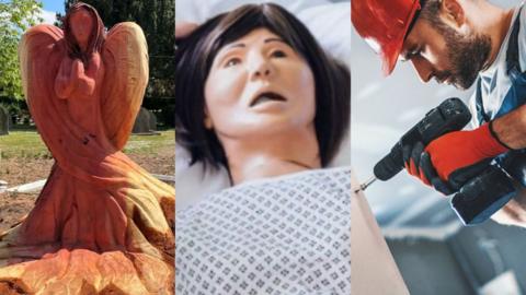 Left: Angle carved from a tree, Middle: Mannequin on a bed, Right: Builder with a drill