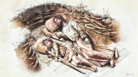 An artist's impression of how the children were placed in the grave depicts an older girl laying on her right side in a long, one-piece tunic. She has shoulder length straight hair and she has a belt on with a workbox attached to it. A small boy is lay in front of her also on his right side and has a long sword between his arms that is the length of his shoulders to his ankles. They both have what looks like filled sacks supporting their heads.
