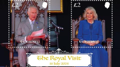 King Charles and Queen Camilla pictured in a set of stamps which have £2 marked on each and the word Guernsey.