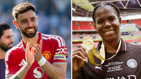 Split image of Bruno Fernandes (left), wearing a red Man United shirt and applauding, and Khadija Shaw (right), wearing a black Man City shirt and holding up a gold medal in her right hand