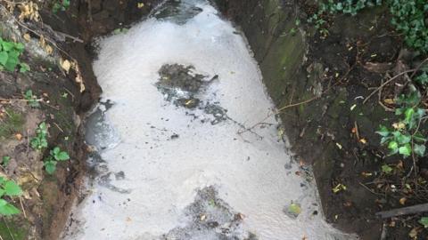 Brown, cloud and foamy water in a narrow brook

