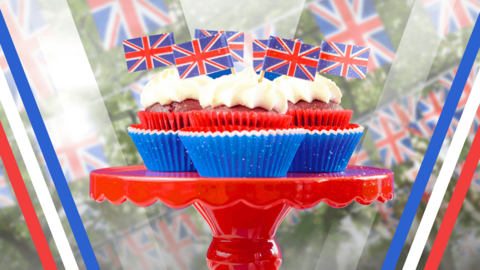 Red, white and blue cupcakes on a cake stand with Union Jack flags pinned in. The image carries stylised red, white and blue VE Day branding