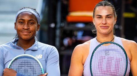 Coco Gauff and Aryna Sabalenka pose for a photo before the women's singles final at the 2025 Madrid Open 