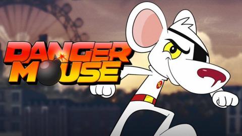 Danger Mouse poses ready for action, he is a cartoon mouse wearing a red belt and a black eye patch on one eye, the London Eye ferris wheel is in the background.