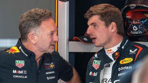 Christian Horner and Max Verstappen in the Red Bull garage before the F1 Grand Prix of Austria at Red Bull Ring on June 28, 2025 in Spielberg, Austria. 
