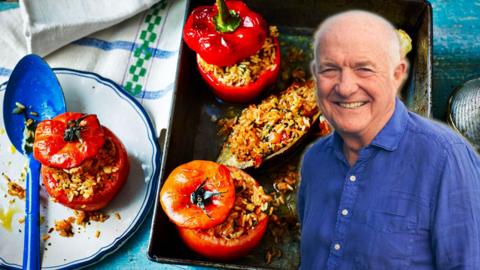 Image of Rick Stein overlayed on an image of stuffed vegetables.