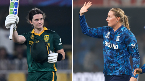 South Africa's Laura Wolvaardt (L) and England's Sophie Ecclestone (R)