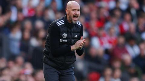 Manchester United manager Erik ten Hag issues instructions to his players