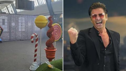 Image of the willy wonka event in Scotland and John Stamos performing the first track from the new musical