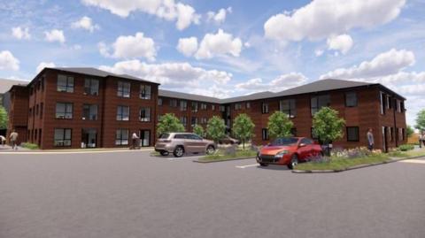 A CGI image showing a building with three floors in some parts and two floors in others. it has lots of windows and ample parking. Small trees line the outskirts of the block and there are areas of grass and flowers.