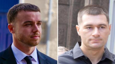 Composite photo of Lewis Carr and Artur Sevash-Zade walking into Jersey's Royal Court separately. They are both wearing smart clothing.