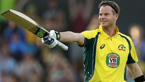 Steve Smith celebrates in an Australian shirt 