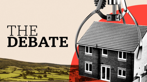 Designed graphic showing a house with a mechanical claw being lifted above the countryside. 