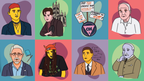 Pop art style portraits by artist Sherina Steele spotlighting LGBTQIA+ figures including Alan Turing and contemporary icons like Olly Alexander.