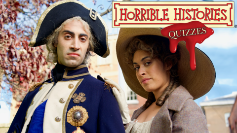 Two Horrible Histories actors dressed up as Hamilton characters