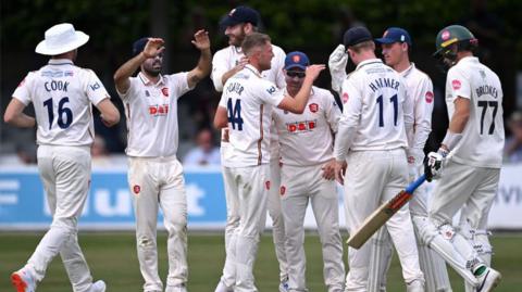 Essex celebrate another Worcestershire wicket at Chelmsford 