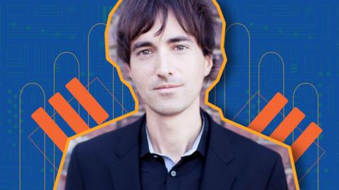 Composer Mason Bates on colourful background