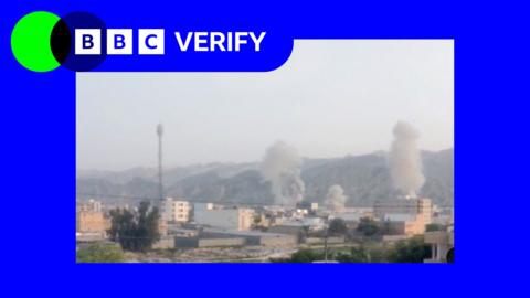 BBC Verify branded image shows smoke rising after a strike