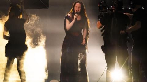 Switzerland's Zoe Me performs the song "Voyage" during the first semi-final of the 69th Eurovision Song Contest (ESC) in Basel, Switzerland, 13 May 2025.
