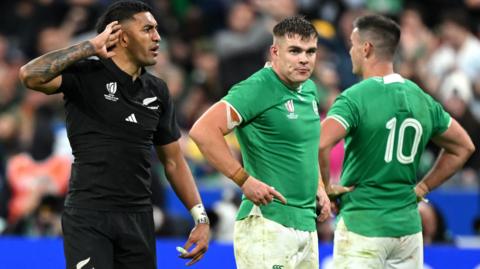 Reiko Ioane celebrates after New Zealand knock Ireland out of the 2023 World Cup