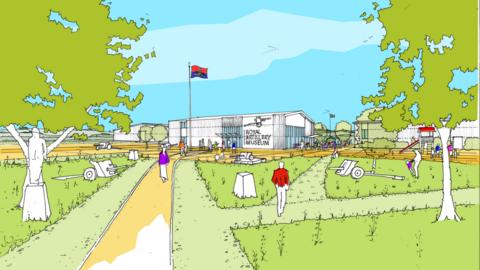 An image of a proposed new museum building with a tree lined path leading to it and a flag flying in the wind.
