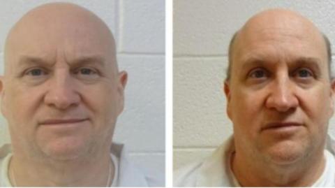 Two headshots of Grant Hardin released by the Arkansas Department of Corrections. They show a  56-year-old bald man.