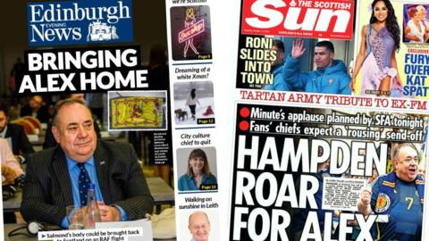 Composite image of the Edinburgh Evening News, headlined 'Bringing Alex home' and the Scottish Sun, headlined 'Hampden roar for Alex'