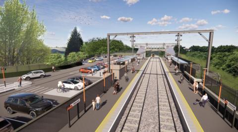 A drawing of a small railway station with people on the two platforms and a car park alongside