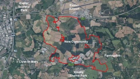 A map of East Devon showing  the proposed area of the new town. 