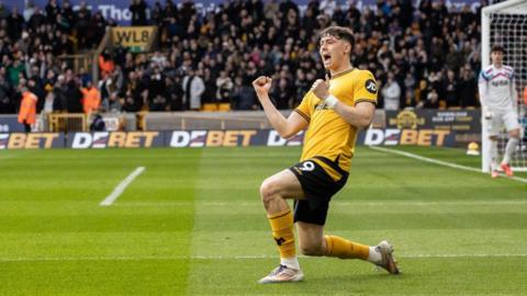 Jorgen Strand Larsen celebrates scoring a goal for Wolves