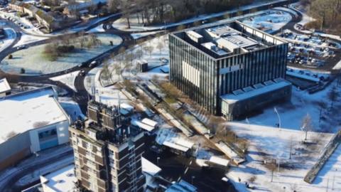 Corby town centre covered in snow.