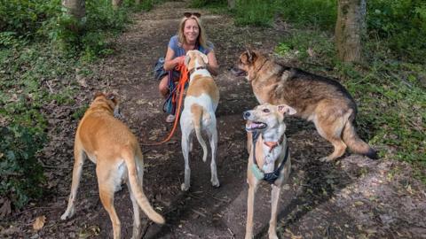 A woman with blonde hair crouches on a woodland path as she strokes a beige and white dog on a lead. She is also holding the lead to a brown lurcher. A greyhound in a harness is facing the camera. A German Shepherd is looking towards the woman, who is wearing a grey v-neck t-shirt and shorts, has sunglasses pushed back on her head, and is smiling.