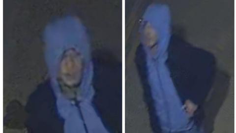 Two CCTV images of a man in a blue tracksuit and a black coat