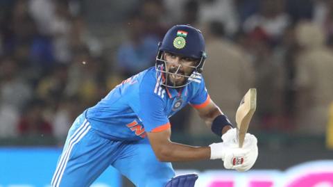 Ruturaj Gaikwad batting for India in an ODI v Australia in 2023