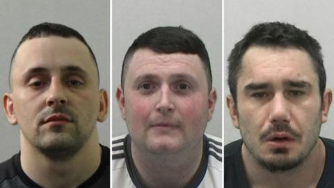 Mugshots of Harrington, O'Connor and Pedersen. Harrington had stubble and short dark hair. O'Connor has a round face with short dark hair. Pedersen has a glazed expression and has a moustache and goatee and ruffled black hair