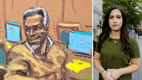 Court sketch of Diddy (L), Nada Tawfik with long brown hair and a Green top (R)