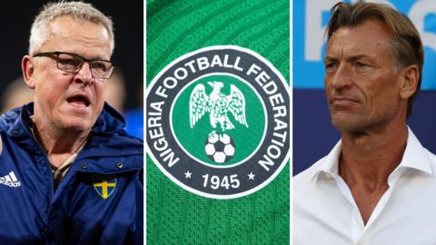 A split image showing Janne Andersson wearing a Sweden tracksuit and Herve Renard in a white shirt either side of a Nigeria Football Federation badge