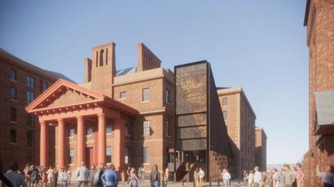 An artist's illustration of the slavery museum, with a modern black, glass entrance to the right of the original porticoed, red-brick building.