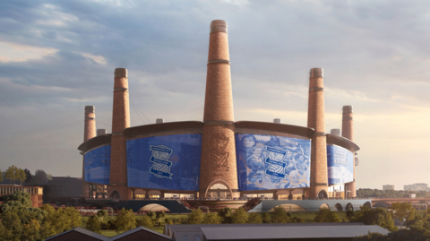 An artist impression of the new stadium. There are several what look like chimneys around the circular ground with the club's blue insignia in each section. 