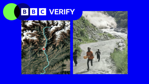 A composite image showing map and a screengrab from a verified video that has emerged from Nepal following floods. The picture on the left shows a map of the Trishuli river, the picture on the right shows people fleeing from the flood water