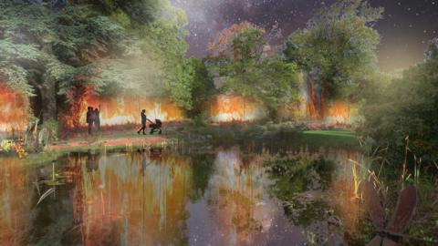 A depiction of forests on fire, with a silhouette of a woman pushing a push chair next to a lake