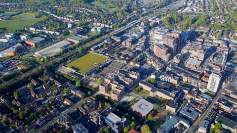 A photo taken by a drone over Maidenhead, which includes some of its tallest buildings in the town centre and Maidenhead United's football ground, York Road.